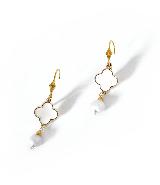 Clover and Pearl Dangle Earrings, 14k Gold-filled Leverback