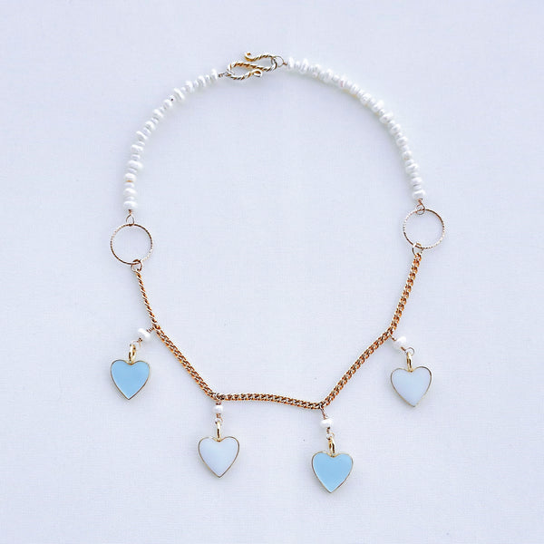 Harlesin • heart pendants on aquamarine gold choker