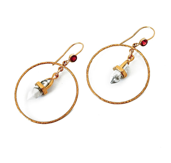 Marbled Magnesite, Dangle Hoop Earrings with Genuine Garnet Studs on 14k Gold-filled Ear Wire