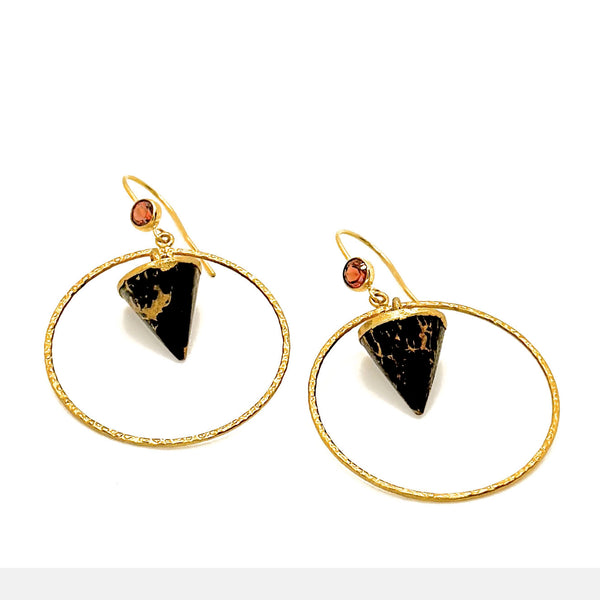 Marbled Cone Dangle, Hoop Earrings with Genuine Garnet Studs on 14k Gold-filled Ear Wire